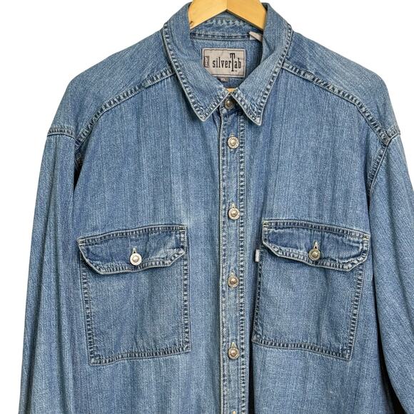 Vintage 1990's  XL Levis SilverTab Denim Jean Chambray Shirt Tack Stud Buttons - Picture 2 of 8